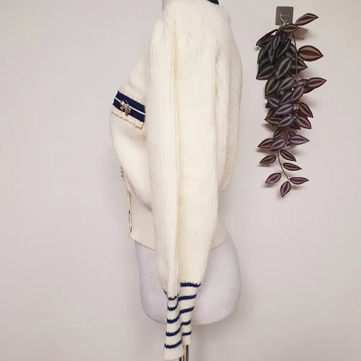 [BUNJANG] Ivory Ribbon Button Crop Cardigan / 새상품 리본단추 크롭가디건 55 66 아이보리 배색니트