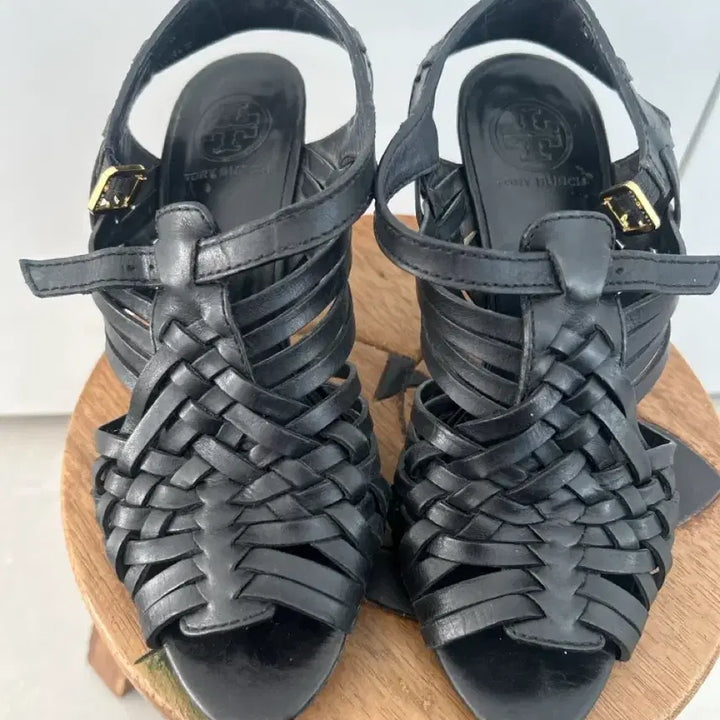 [BUNJANG] Tory Burch Woven Strap Leather Sandals / 토리버치 가죽 샌들 블랙 우븐 스트랩