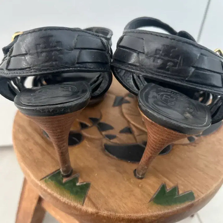 [BUNJANG] Tory Burch Woven Strap Leather Sandals / 토리버치 가죽 샌들 블랙 우븐 스트랩