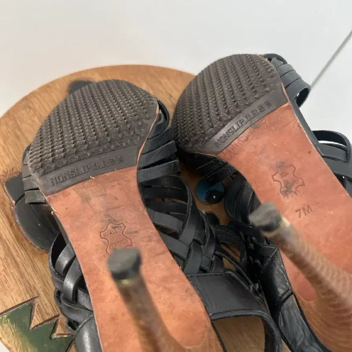 [BUNJANG] Tory Burch Woven Strap Leather Sandals / 토리버치 가죽 샌들 블랙 우븐 스트랩