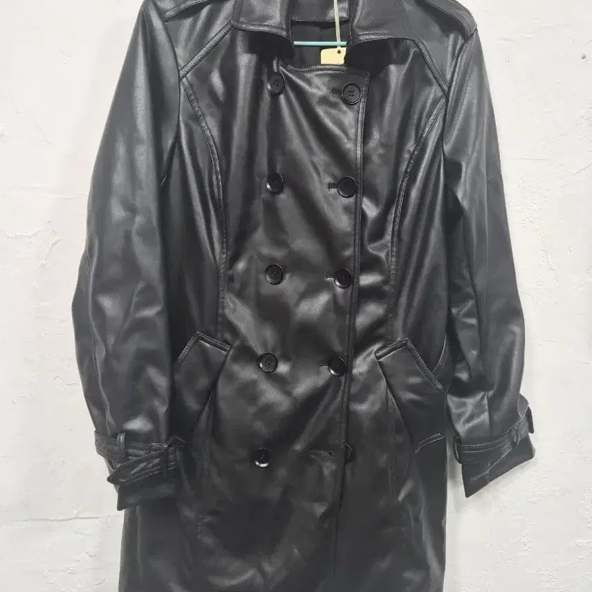 [BUNJANG] Black Double Button Leather Trench Coat / (새상품)블랙 더블 버튼 레더 트렌치 코트