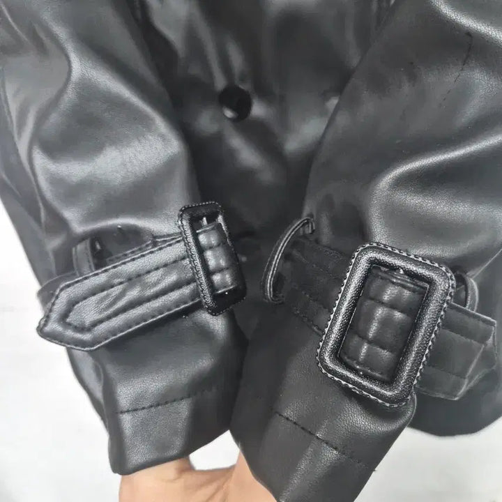 [BUNJANG] Black Double Button Leather Trench Coat / (새상품)블랙 더블 버튼 레더 트렌치 코트