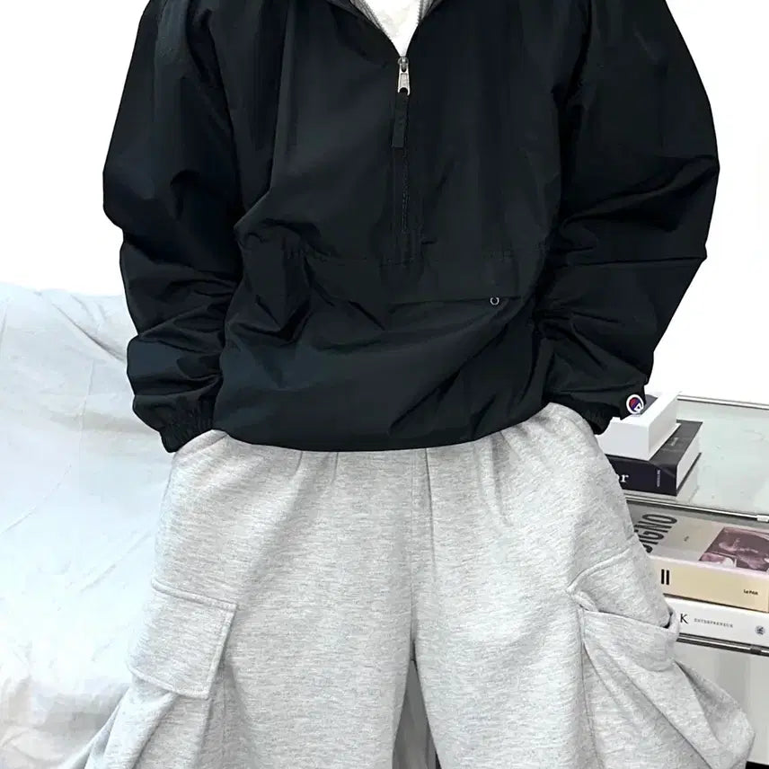[BUNJANG] Champion Small Logo Anorak Jacket - Black - L / 챔피온 블랙 스몰로고 아노락 L