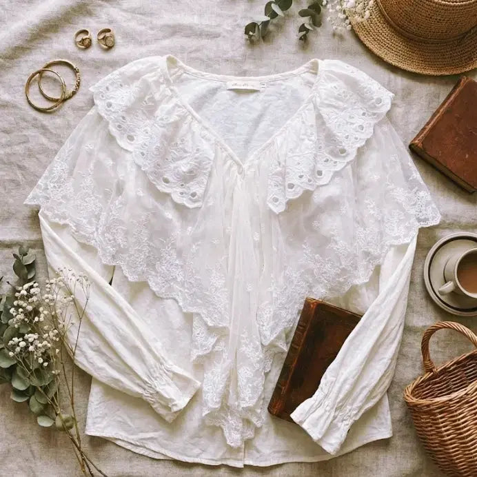 [BUNJANG] Cotton Lace Blouse Ivory V-neck / 빅카라 레이스 코튼블라우스 55 66 아이보리 브이넥