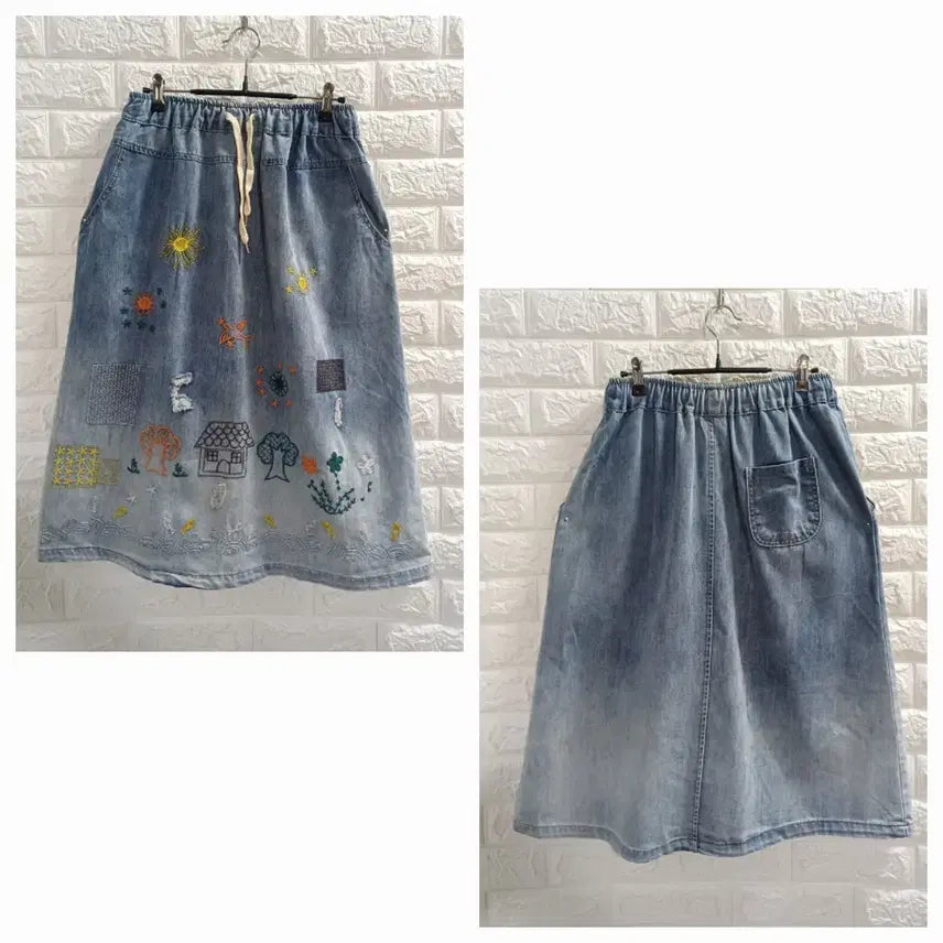[BUNJANG] Banding Embroidered Denim Skirt / 밴딩 자수데님스커트