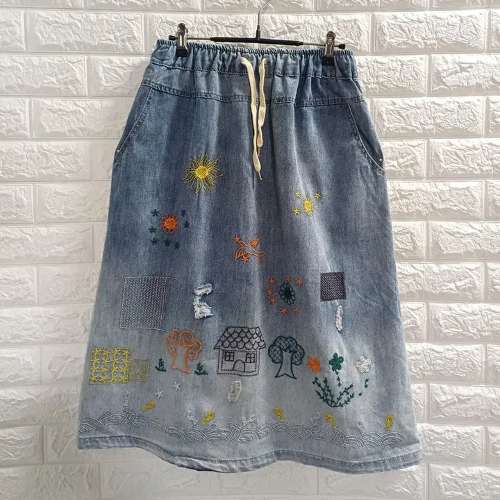 [BUNJANG] Banding Embroidered Denim Skirt / 밴딩 자수데님스커트