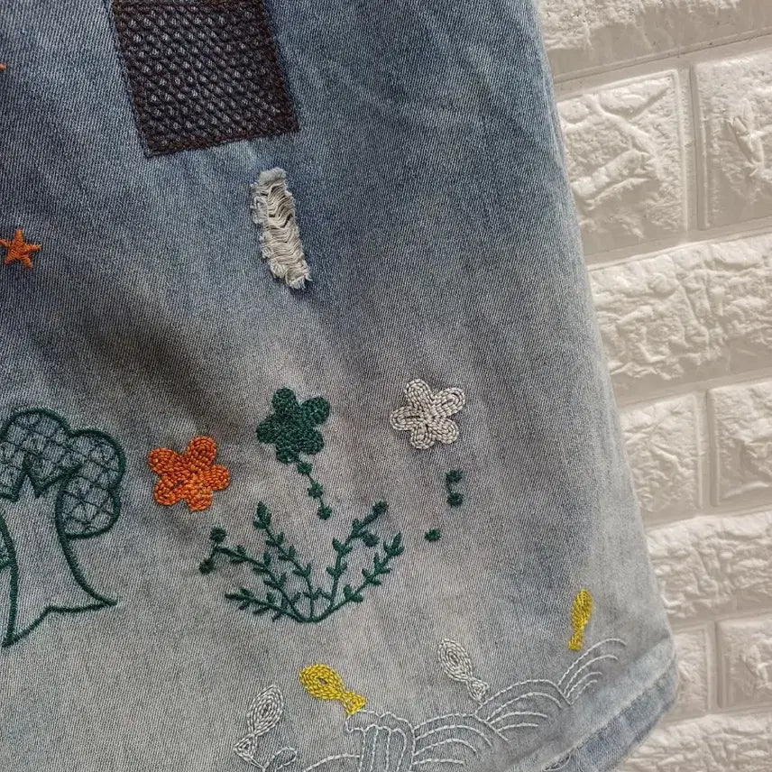 [BUNJANG] Banding Embroidered Denim Skirt / 밴딩 자수데님스커트