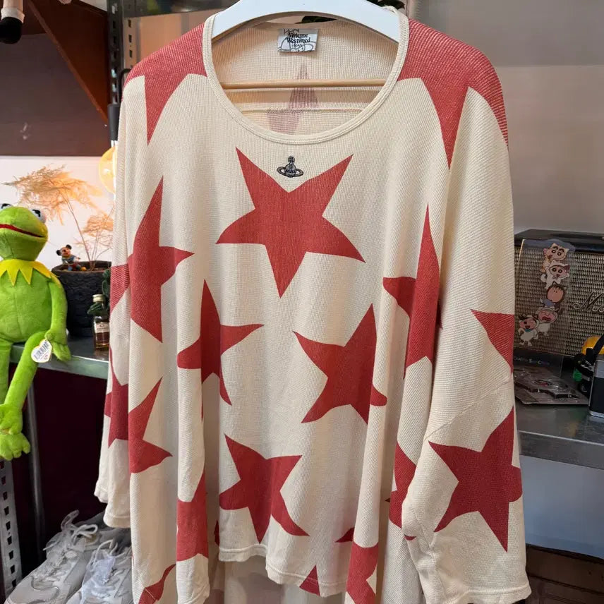 [BUNJANG] Vivienne Westwood Aurora Logo Star Pattern Long Sleeve Shirt / 비비안 웨스트우드 써멀 와플 오로라 로고 스타 패턴 롱슬리브 FREE