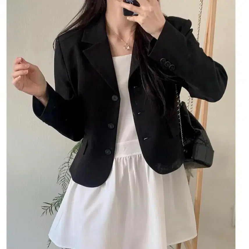 [BUNJANG] Shopperland Preppy Tailored Short Jacket / 쇼퍼랜드 자체제작 MADE 프레피룩 테일러드 블랙 숏 자켓 정장 블랙