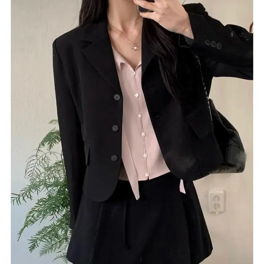 [BUNJANG] Shopperland Preppy Tailored Short Jacket / 쇼퍼랜드 자체제작 MADE 프레피룩 테일러드 블랙 숏 자켓 정장 블랙