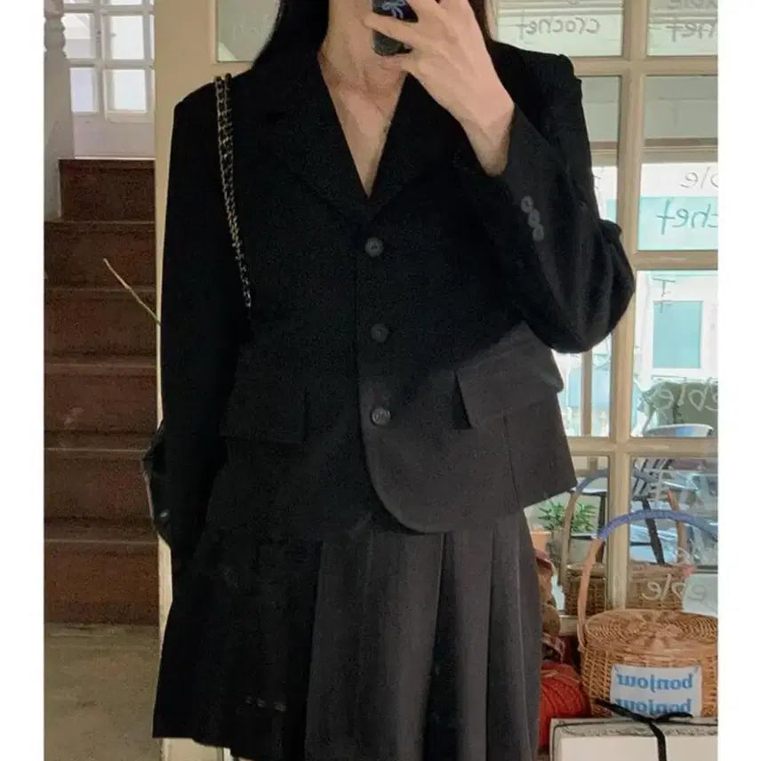 [BUNJANG] Shopperland Preppy Tailored Short Jacket / 쇼퍼랜드 자체제작 MADE 프레피룩 테일러드 블랙 숏 자켓 정장 블랙