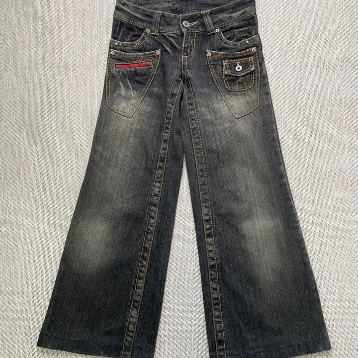 [BUNJANG] Vintage Low-Rise Stitch Pocket Wide Denim Pants / 빈티지 로우라이즈 스티치 포켓 디테일 와이드 데님 팬츠 J04087