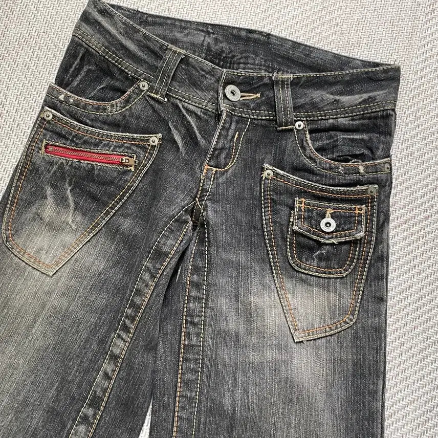 [BUNJANG] Vintage Low-Rise Stitch Pocket Wide Denim Pants / 빈티지 로우라이즈 스티치 포켓 디테일 와이드 데님 팬츠 J04087