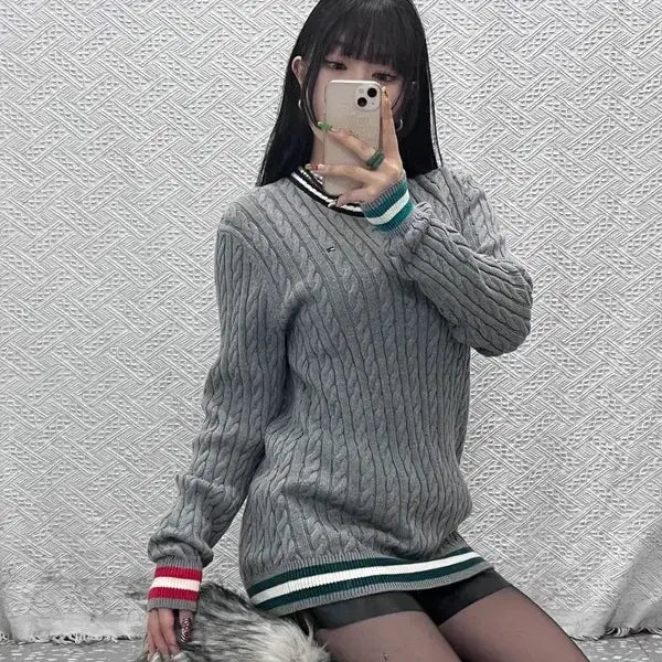 [BUNJANG] Tommy Hilfiger Vintage Retro Cable Knit Sweater / 타미힐피거 빈티지 레트로 캐주얼 배색 꽈배기 니트 176 C09552