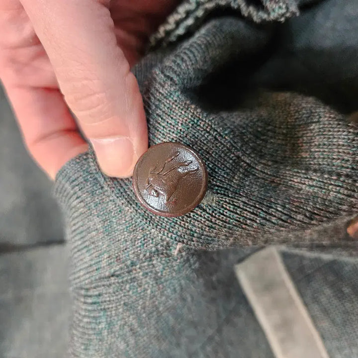 [BUNJANG] Burberry 80's Commando Wool Khaki Leather Patch Block Cardigan Jacket / 버버리 80's 코만도 울 카키 가죽 패치 블럭 가디건 자켓