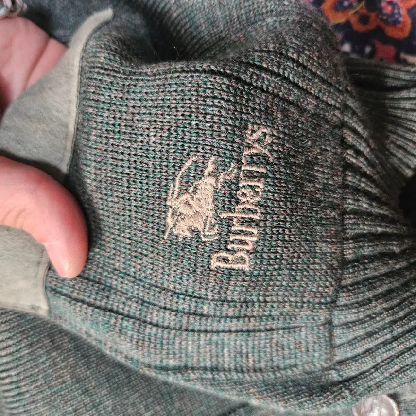 [BUNJANG] Burberry 80's Commando Wool Khaki Leather Patch Block Cardigan Jacket / 버버리 80's 코만도 울 카키 가죽 패치 블럭 가디건 자켓