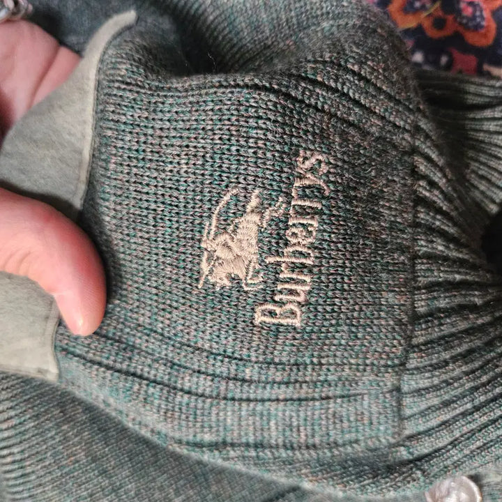 [BUNJANG] Burberry 80's Commando Wool Khaki Leather Patch Block Cardigan Jacket / 버버리 80's 코만도 울 카키 가죽 패치 블럭 가디건 자켓