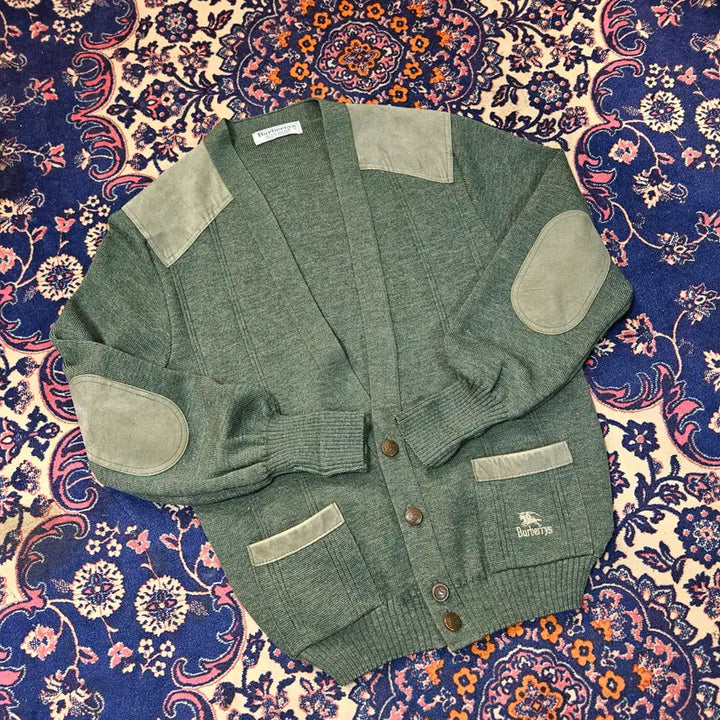 [BUNJANG] Burberry 80's Commando Wool Khaki Leather Patch Block Cardigan Jacket / 버버리 80's 코만도 울 카키 가죽 패치 블럭 가디건 자켓