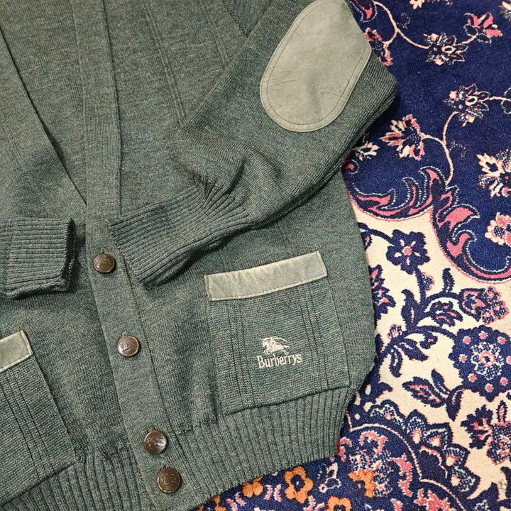 [BUNJANG] Burberry 80's Commando Wool Khaki Leather Patch Block Cardigan Jacket / 버버리 80's 코만도 울 카키 가죽 패치 블럭 가디건 자켓