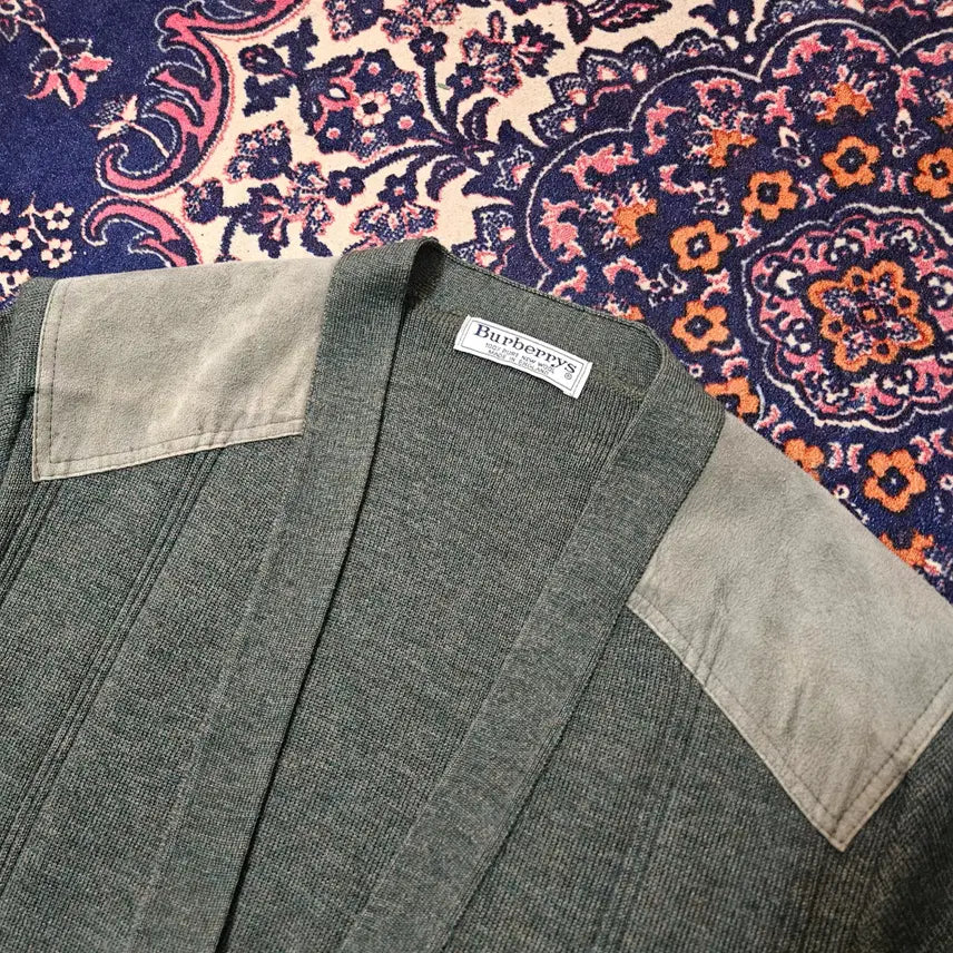 [BUNJANG] Burberry 80's Commando Wool Khaki Leather Patch Block Cardigan Jacket / 버버리 80's 코만도 울 카키 가죽 패치 블럭 가디건 자켓
