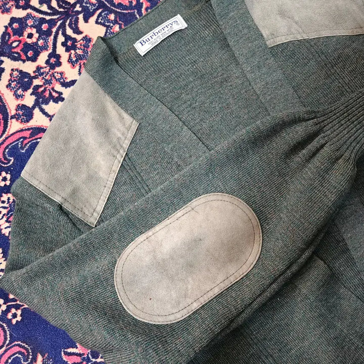 [BUNJANG] Burberry 80's Commando Wool Khaki Leather Patch Block Cardigan Jacket / 버버리 80's 코만도 울 카키 가죽 패치 블럭 가디건 자켓