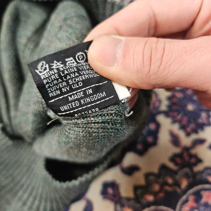 [BUNJANG] Burberry 80's Commando Wool Khaki Leather Patch Block Cardigan Jacket / 버버리 80's 코만도 울 카키 가죽 패치 블럭 가디건 자켓