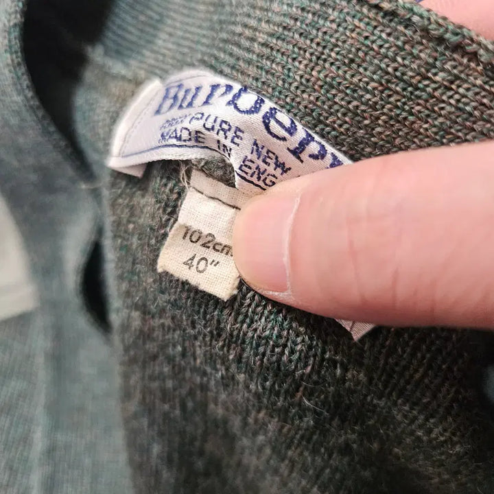 [BUNJANG] Burberry 80's Commando Wool Khaki Leather Patch Block Cardigan Jacket / 버버리 80's 코만도 울 카키 가죽 패치 블럭 가디건 자켓