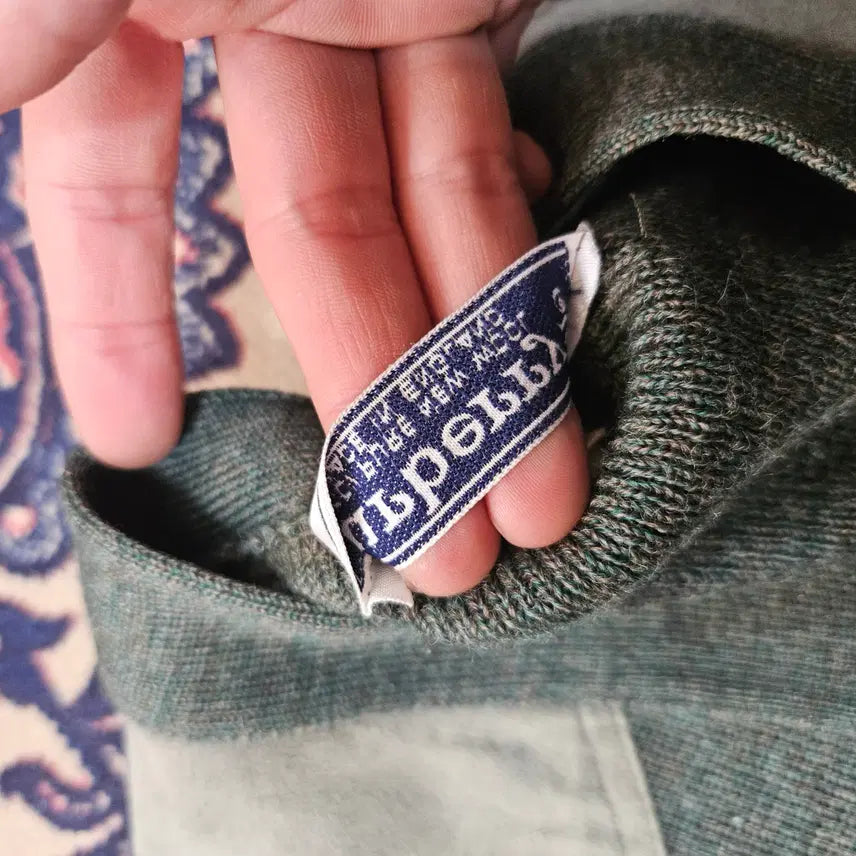 [BUNJANG] Burberry 80's Commando Wool Khaki Leather Patch Block Cardigan Jacket / 버버리 80's 코만도 울 카키 가죽 패치 블럭 가디건 자켓