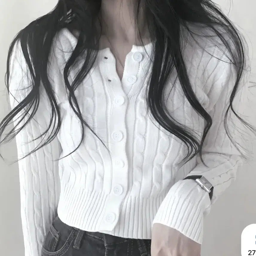 [BUNJANG] Ably Cropped Cable Knit Cardigan - White / 에이블리 크롭 꽈배기 니트 가디건 화이트