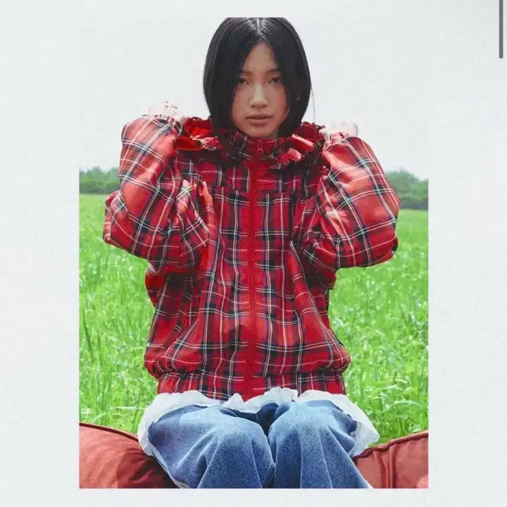 [BUNJANG] Ronrok Frill Check Red Windbreaker Jacket / 론록 프릴체크 바람막이 레드 윈드자켓