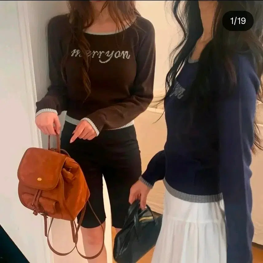 [BUNJANG] Marion Logo Crop Knit Top / 메리온 로고 배색 크롭니트