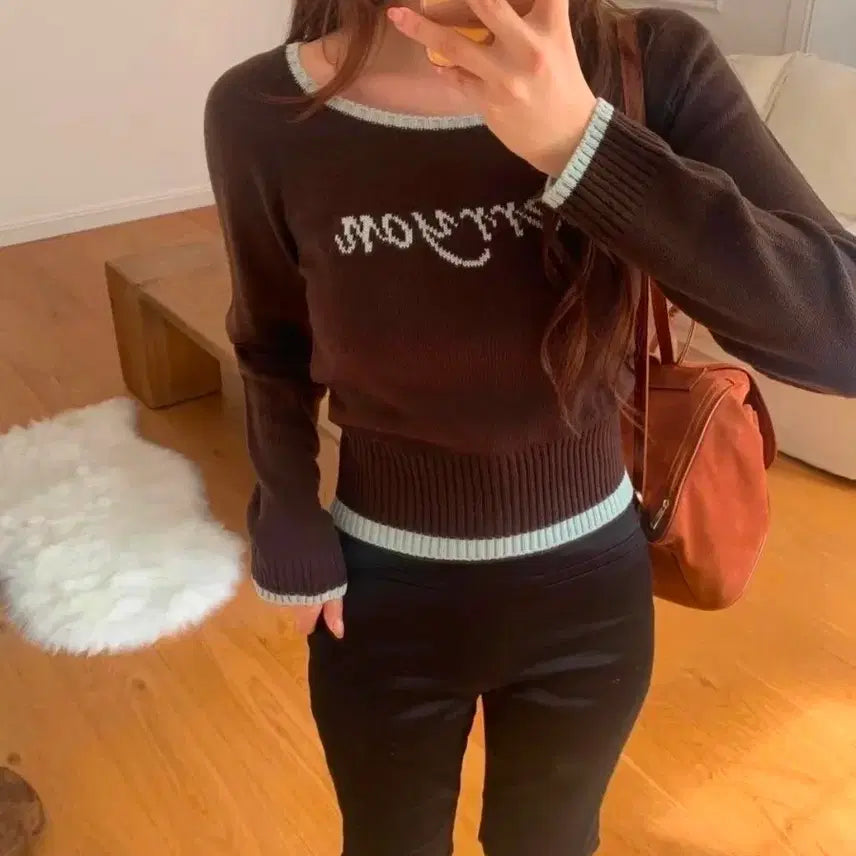 [BUNJANG] Marion Logo Crop Knit Top / 메리온 로고 배색 크롭니트