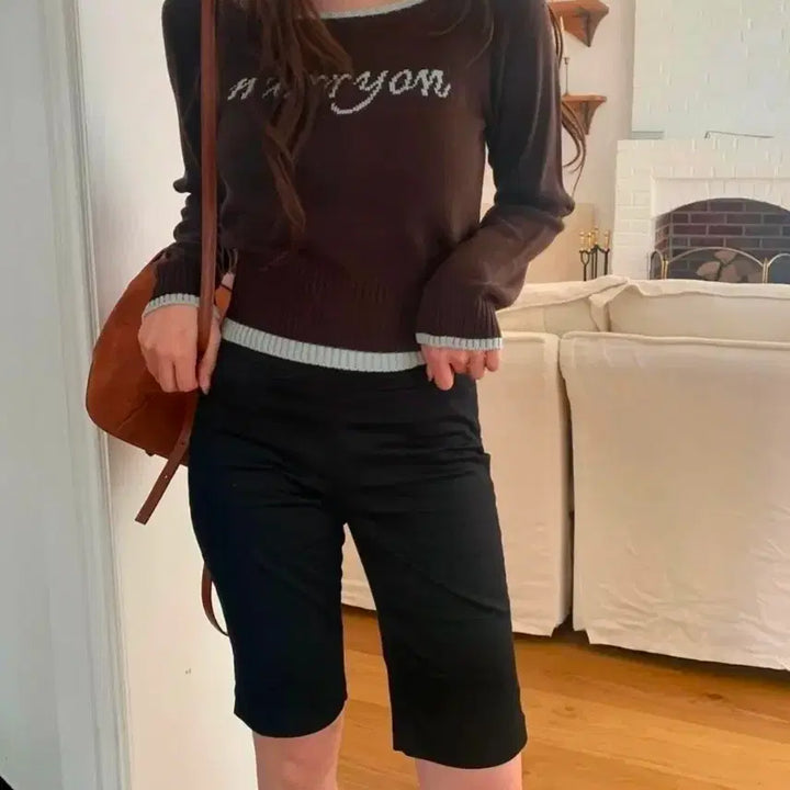 [BUNJANG] Marion Logo Crop Knit Top / 메리온 로고 배색 크롭니트