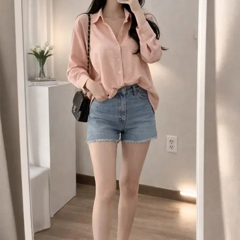 [BUNJANG] LEYOONI Peach Pink Loose Fit Shirt / LEYOONI 피치핑크 루즈핏 셔츠 / 여리핏 데일리 블라우스