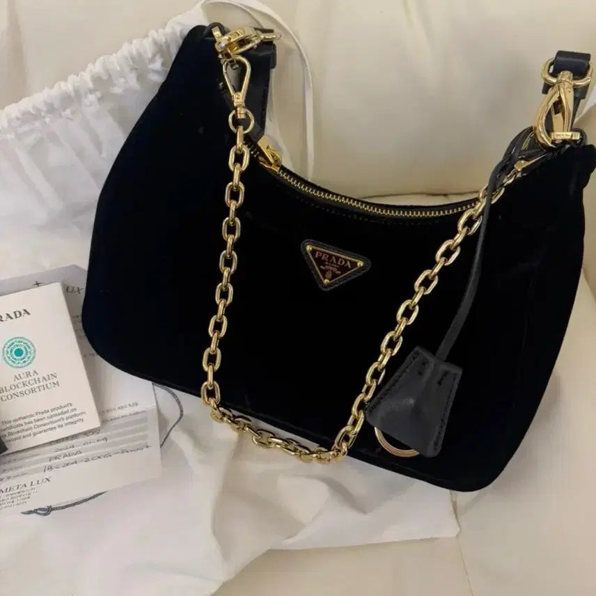 [BUNJANG] Prada Velvet Chain Shoulder Bag Black / 프라다 벨벳 미니 호보백 블랙 ( 1BC204 )