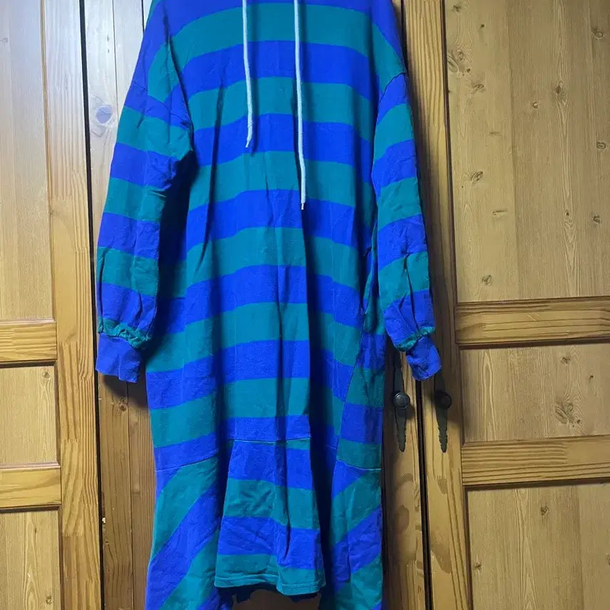 [BUNJANG] Striped Long Sleeve Hooded Dress / 줄무늬 긴팔 후드 블루/그린 원피스