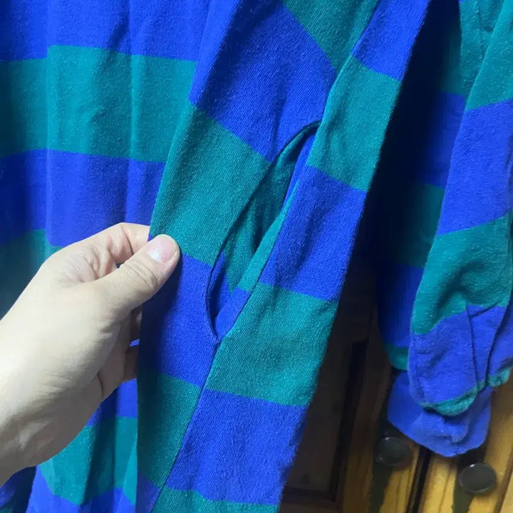 [BUNJANG] Striped Long Sleeve Hooded Dress / 줄무늬 긴팔 후드 블루/그린 원피스
