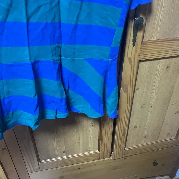 [BUNJANG] Striped Long Sleeve Hooded Dress / 줄무늬 긴팔 후드 블루/그린 원피스