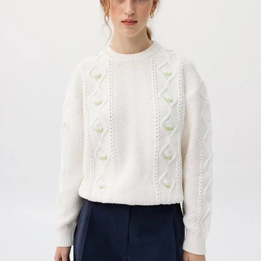 [BUNJANG] 앤유 Fisherman Flower Knit Sweater (Ivory) / 앤유 몬벌크 피셔맨 플라워 니트 (Ivory) 66사이즈 새제품