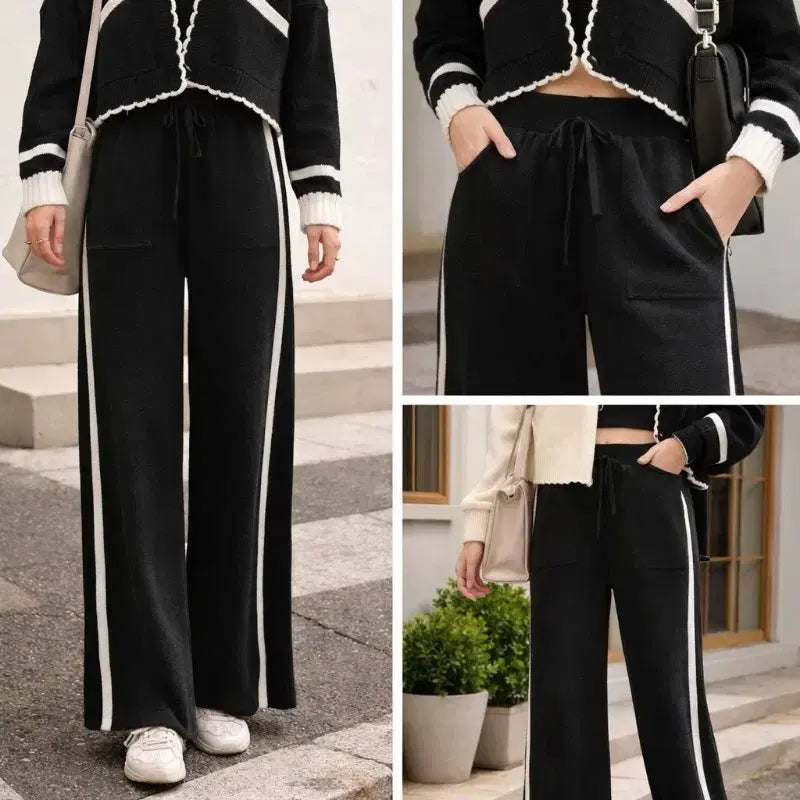 [BUNJANG] Black Knit Cardigan &amp; Wide Pants Two-Piece Set / 새옷/보세)블랙 니트 크롭가디건  숏자켓 55-55반