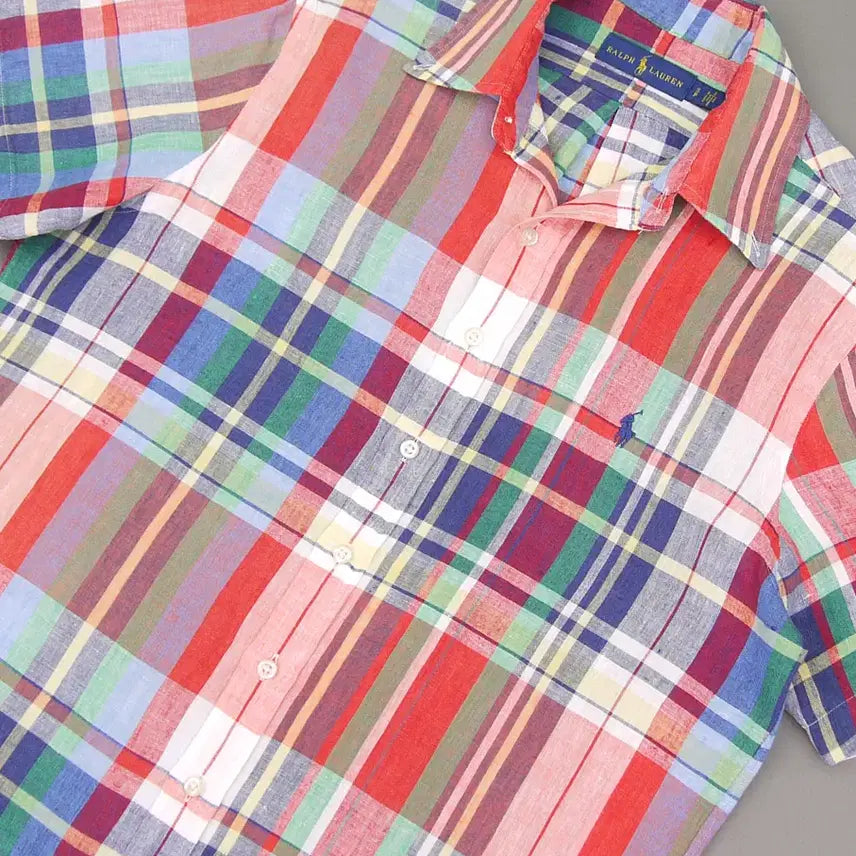 [BUNJANG] Polo Ralph Lauren Madras Check Linen Shirt / Polo 폴로랄프로렌 인디아 마드라스체크 버튼다운 반팔 린넨셔츠S~100
