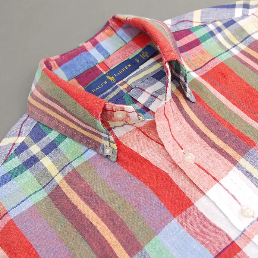 [BUNJANG] Polo Ralph Lauren Madras Check Linen Shirt / Polo 폴로랄프로렌 인디아 마드라스체크 버튼다운 반팔 린넨셔츠S~100
