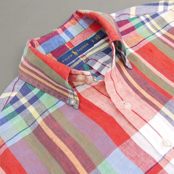 [BUNJANG] Polo Ralph Lauren Madras Check Linen Shirt / Polo 폴로랄프로렌 인디아 마드라스체크 버튼다운 반팔 린넨셔츠S~100