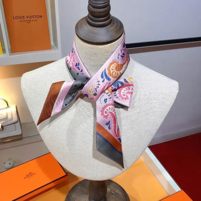 [BUNJANG] Hermes Twilly Pink Pattern Silk Scarf / 에르메스 트윌리 스카프 핑크 패턴