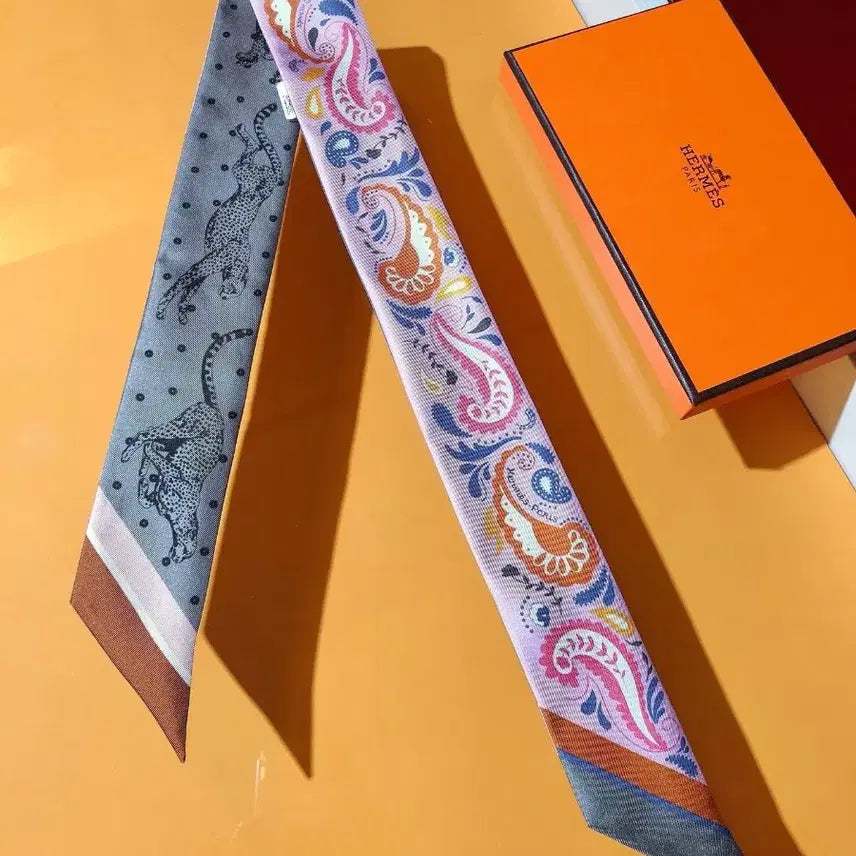[BUNJANG] Hermes Twilly Pink Pattern Silk Scarf / 에르메스 트윌리 스카프 핑크 패턴
