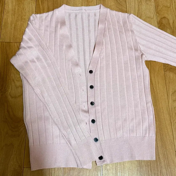 [BUNJANG] Pink V-neck Long Sleeve Ribbed Knit Cardigan / 여성 골지 긴팔니트 브이넥 가디건 티셔츠 분홍색핑크