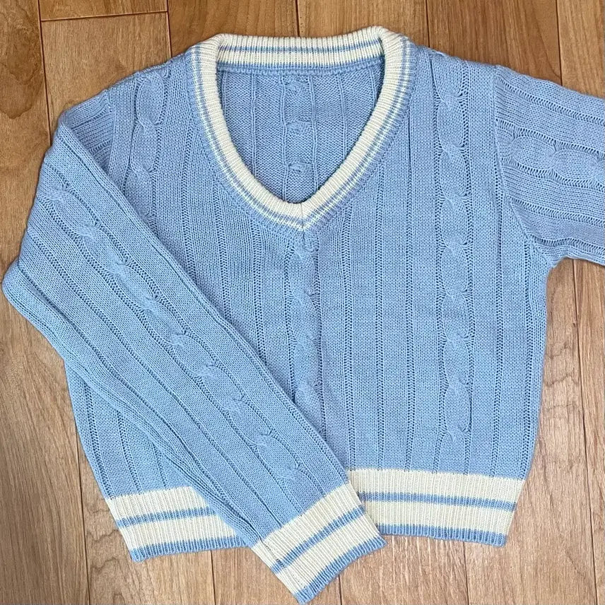[BUNJANG] Sky Blue V-neck Knit Long Sleeve T-shirt / (새상품) 여성 하늘색 니트 브이넥 긴팔티셔츠