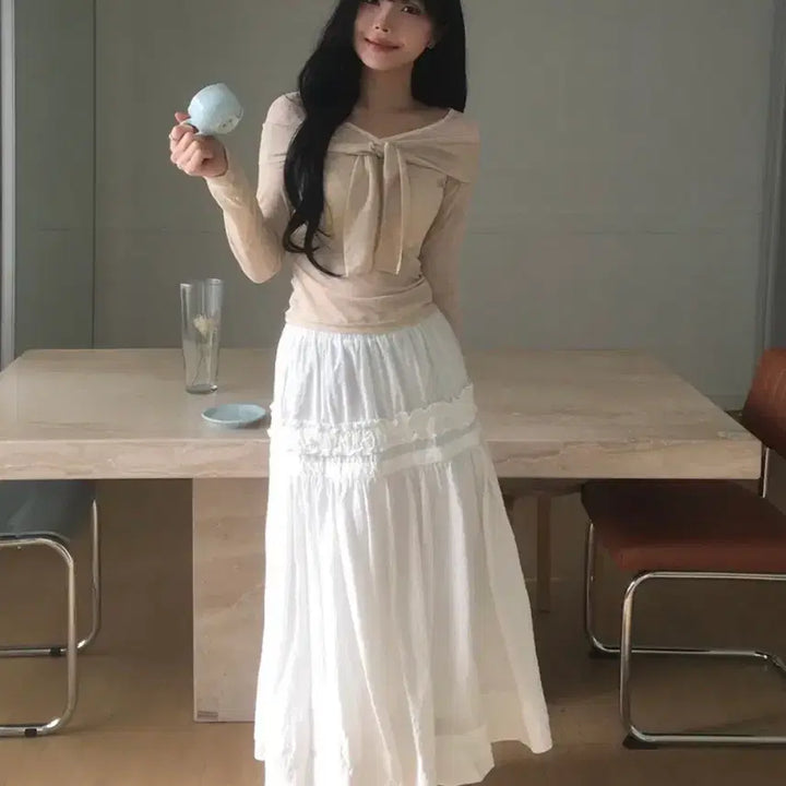 [BUNJANG] More Or Romance See-Through Tie Off-Shoulder Knit Top / 모어오어 로망 시스루 타이 오프숄더 니트