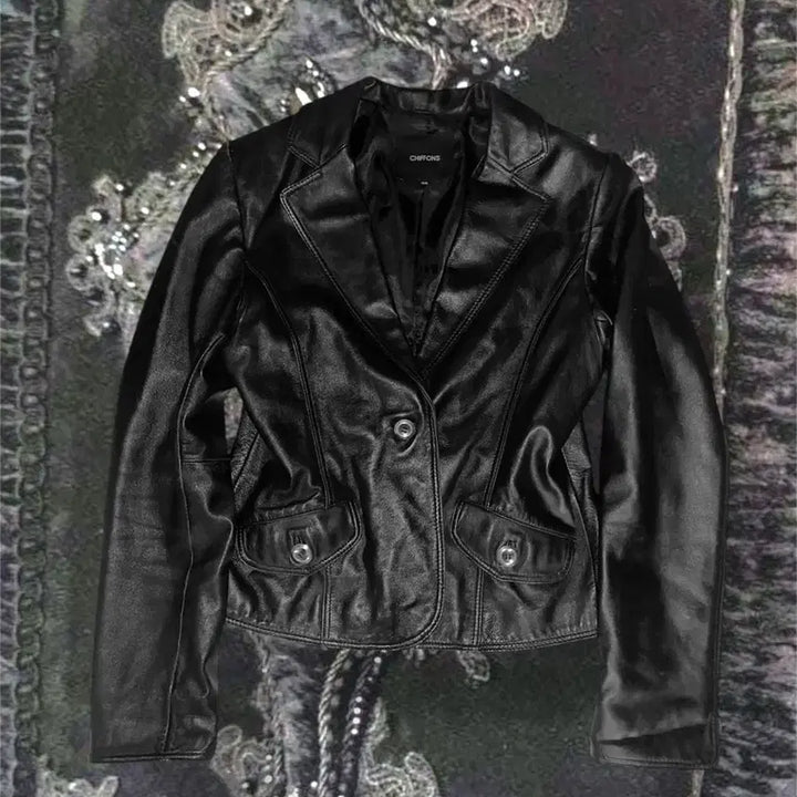[BUNJANG] Vintage Leather Jacket Sheepskin Silver Button Blazer / 빈티지레더자켓 양가죽 은장버튼블레이저 00s디올생로랑st 슬림핏