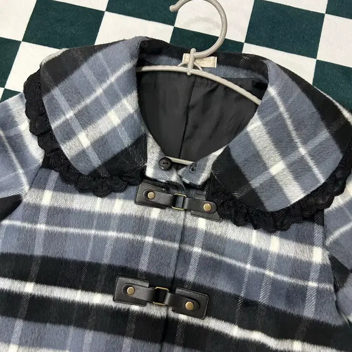 [BUNJANG] Vintage Blue Check Lace Crop Jacket / 체크 양산형 빈티지 모리걸 블루 레이스 크롭 자켓 코트 갸루